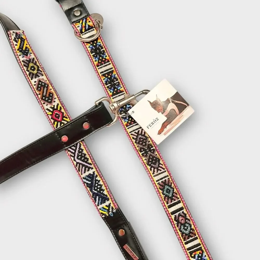 NWT FEROZ Beaded Dog Collar Leash Set L XL Boho Artisan Handmade